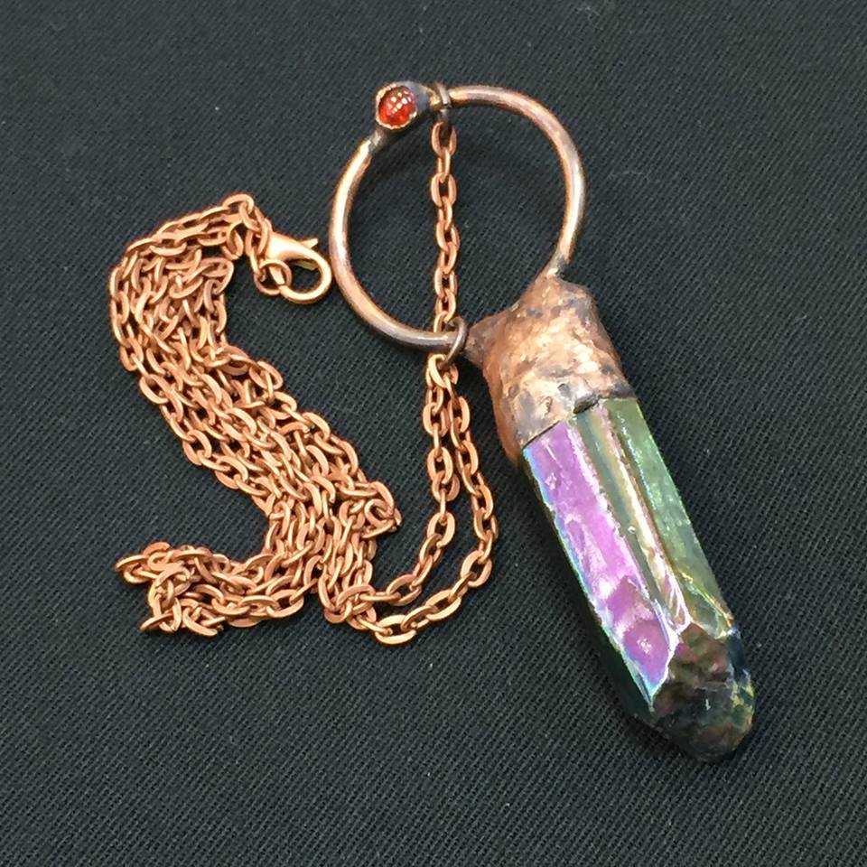 rainbow quartz, garnet/ copper necklace